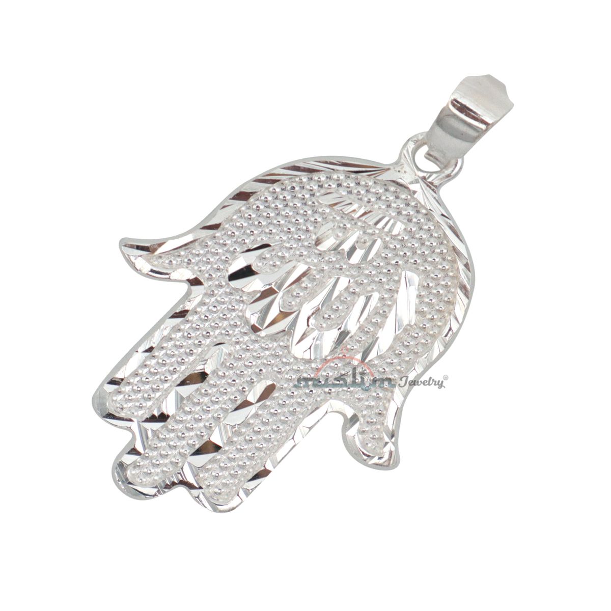Large-Size Sterling Silver Shiny Hand Allah Hand Diamond-Cut Edge Design Pendant