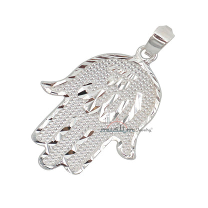 Large-Size Sterling Silver Shiny Hand Allah Hand Diamond-Cut Edge Design Pendant