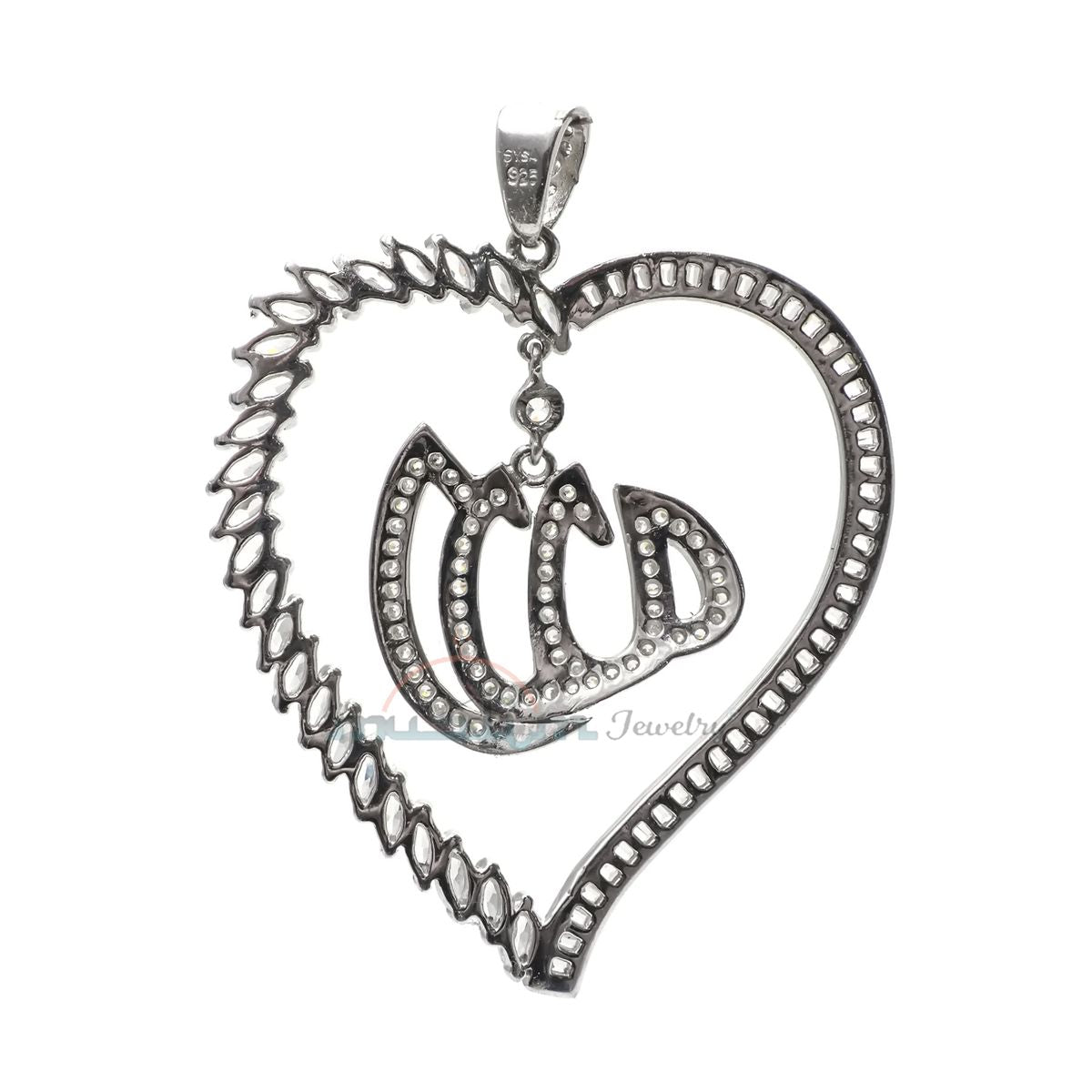 Large Allah Pendant Rhodium-Plated CZ Silver Heart Shape Design