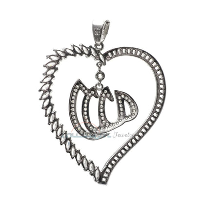 Large Allah Pendant Rhodium-Plated CZ Silver Heart Shape Design