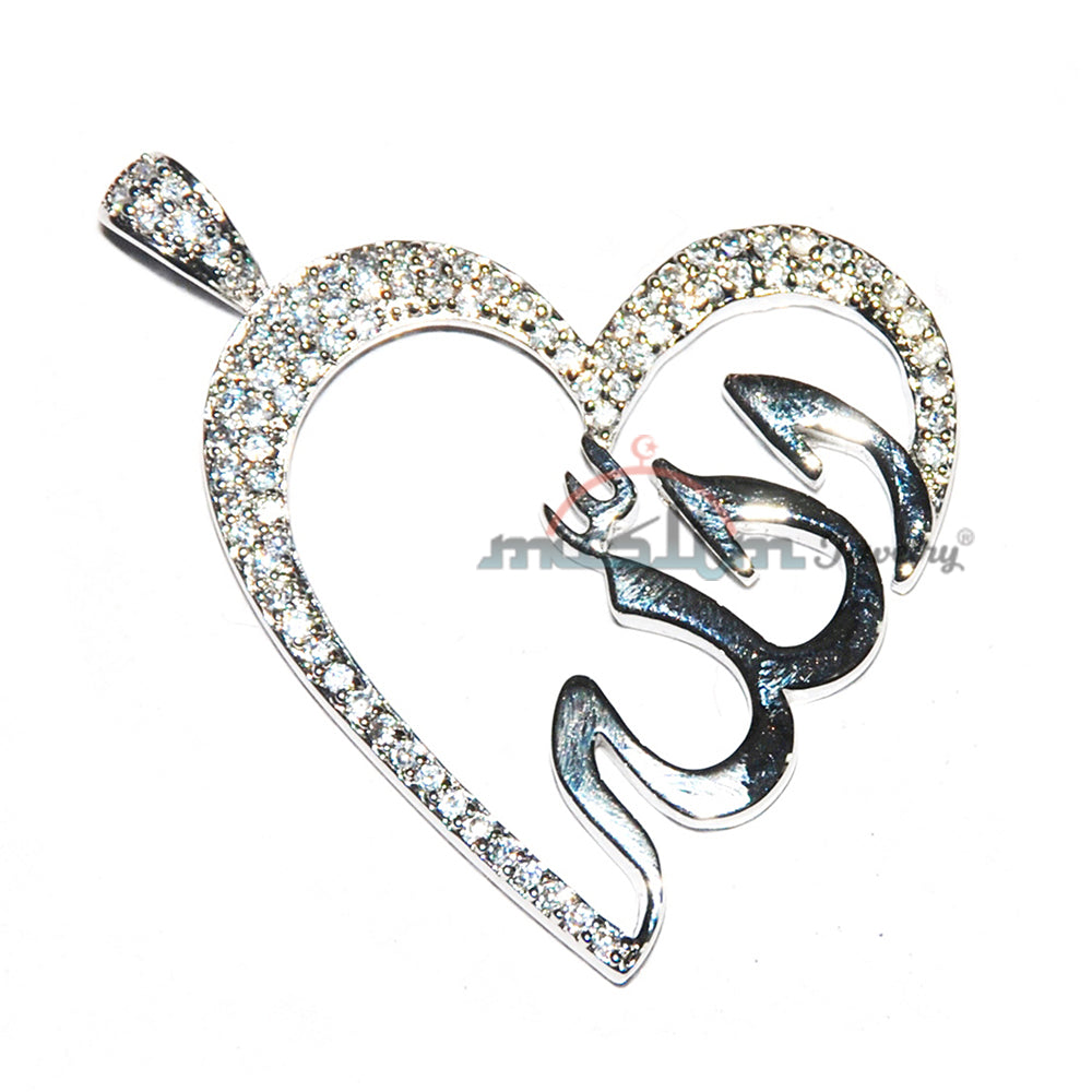 Sterling Silver Rhodium-Plated Large Hanging Allah Heart Pendant With Cubic Zirconium Studs