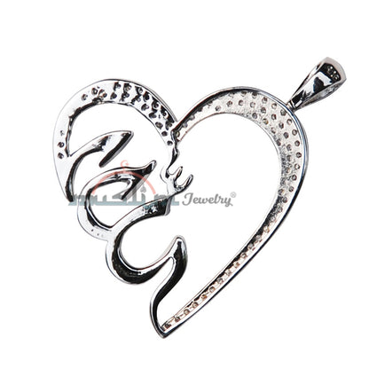 Sterling Silver Rhodium-Plated Large Hanging Allah Heart Pendant With Cubic Zirconium Studs