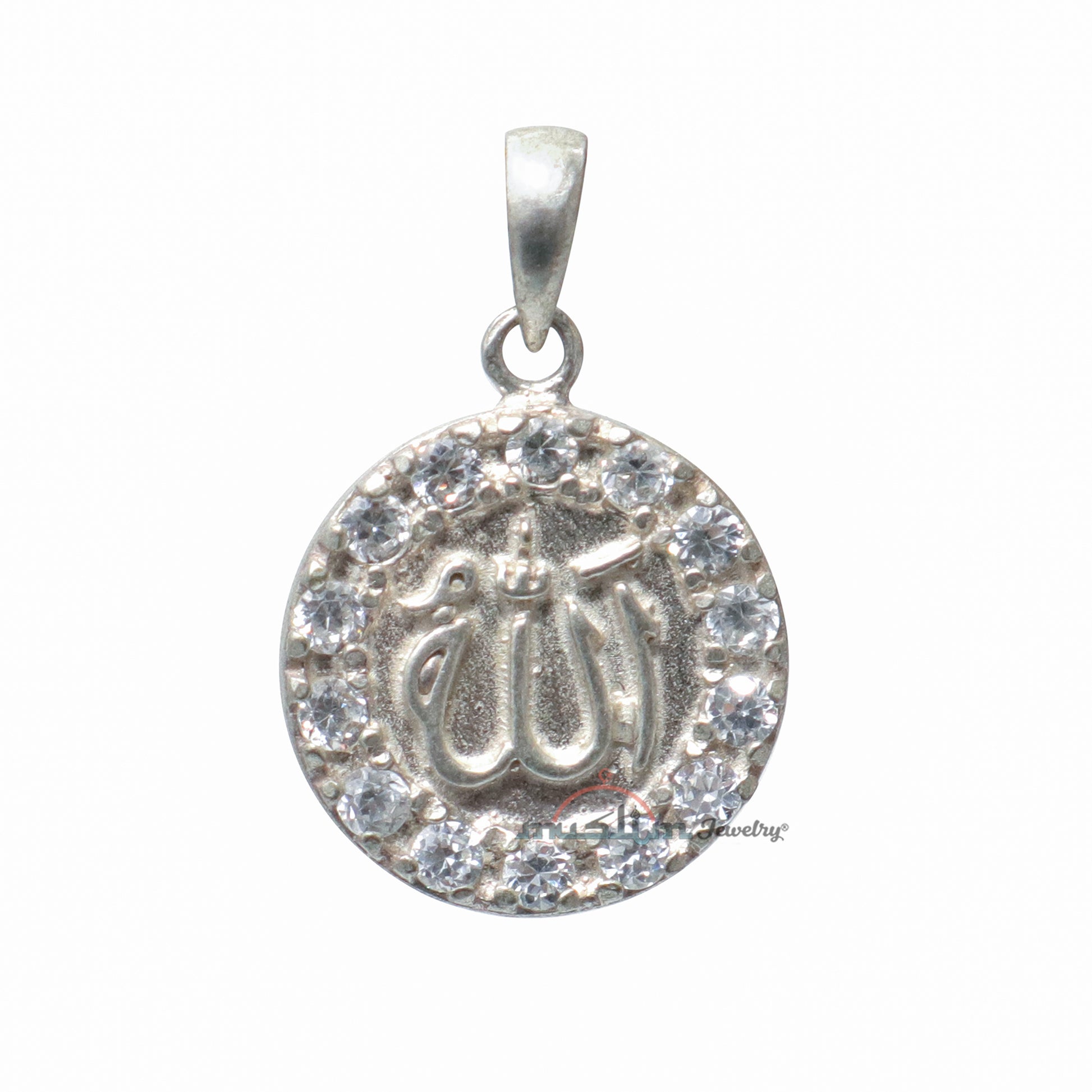 Small Round Allah Pendant With 14 Faceted Cubic Zirconia | Sterling Silver Muslim Jewelry For Necklace 5/8-Inch (1.5 cm)