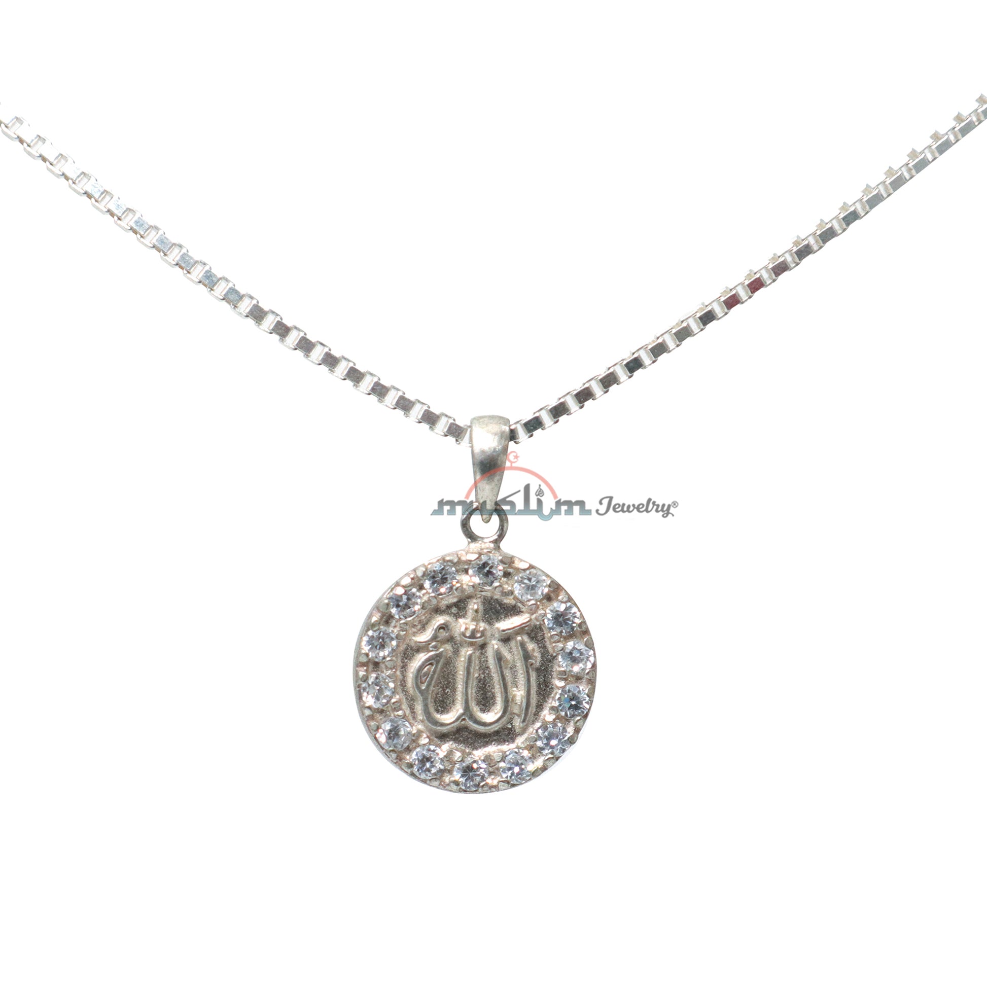 Small Round Allah Pendant With 14 Faceted Cubic Zirconia | Sterling Silver Muslim Jewelry For Necklace 5/8-Inch (1.5 cm)