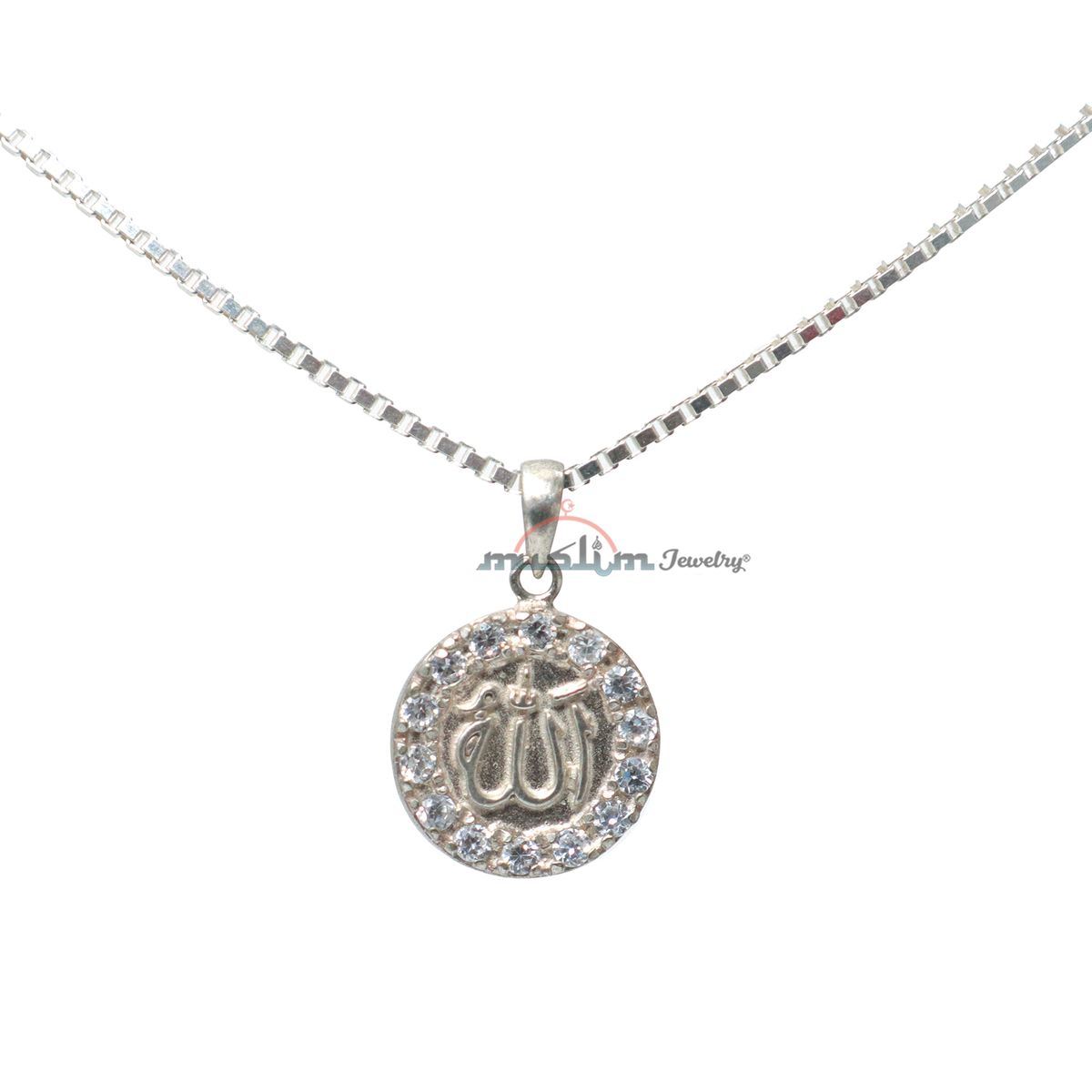 Small Round Allah Pendant with 14 Faceted Cubic Zirconia | Sterling Silver Muslim Jewelry For Necklace 5/8-inch (1.5 cm)