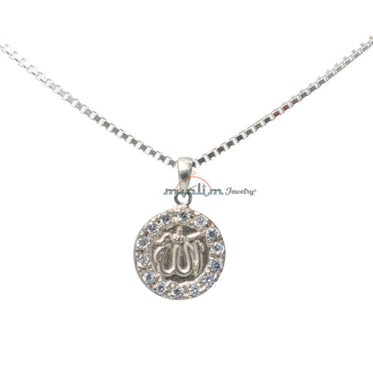 Small Round Allah Pendant with 14 Faceted Cubic Zirconia | Sterling Silver Muslim Jewelry For Necklace 5/8-inch (1.5 cm)