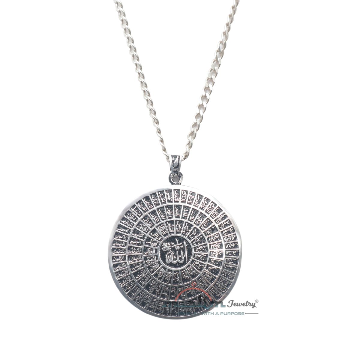 Sterling Silver 99 Names Of God Large Shiny Islamic Pendant – Arabic Asma’Ul-Husna Jewelry 1.24-inch Diameter For Chain Necklace Or Choker In Gift Box
