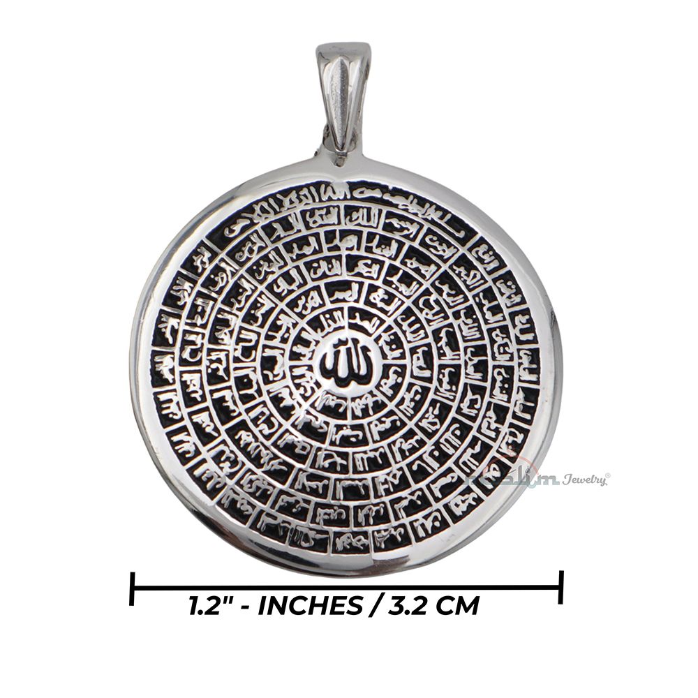 Sterling Silver 99 Names Of God Large Shiny Islamic Pendant – Arabic Asma’Ul-Husna Jewelry 1.29-inch Diameter For Chain Necklace Or Choker In Gift Box