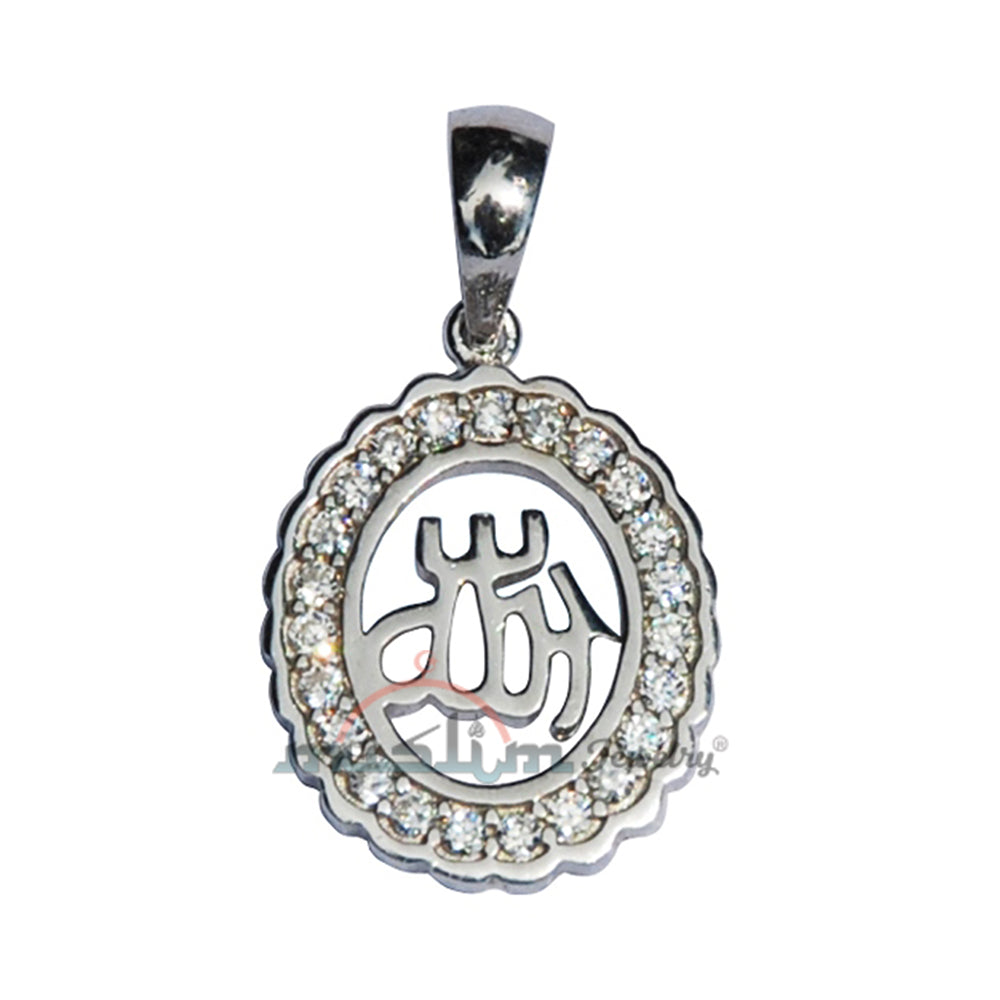 Sterling Silver Rhodium Plated Allah Pendant With Cubic Zirconium Studs