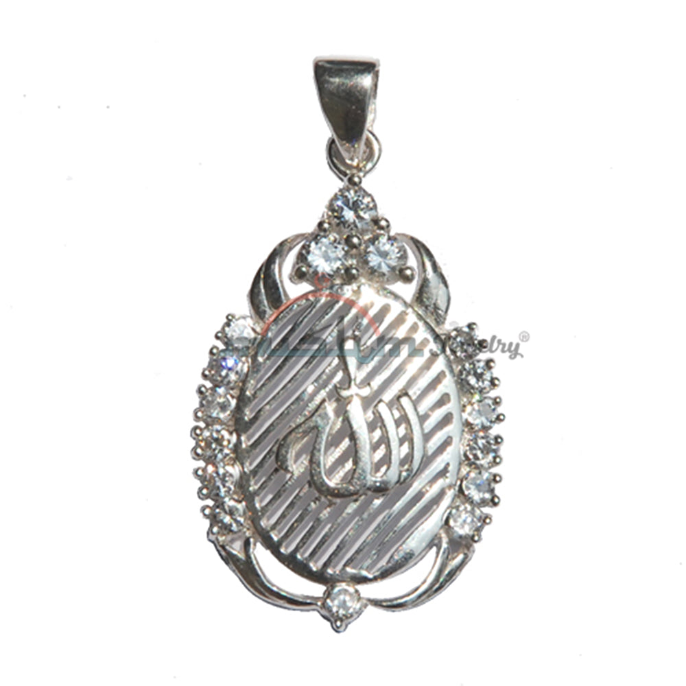 Handmade St. Silver Oval Allah Pendant With Cubic Zirconium Studs