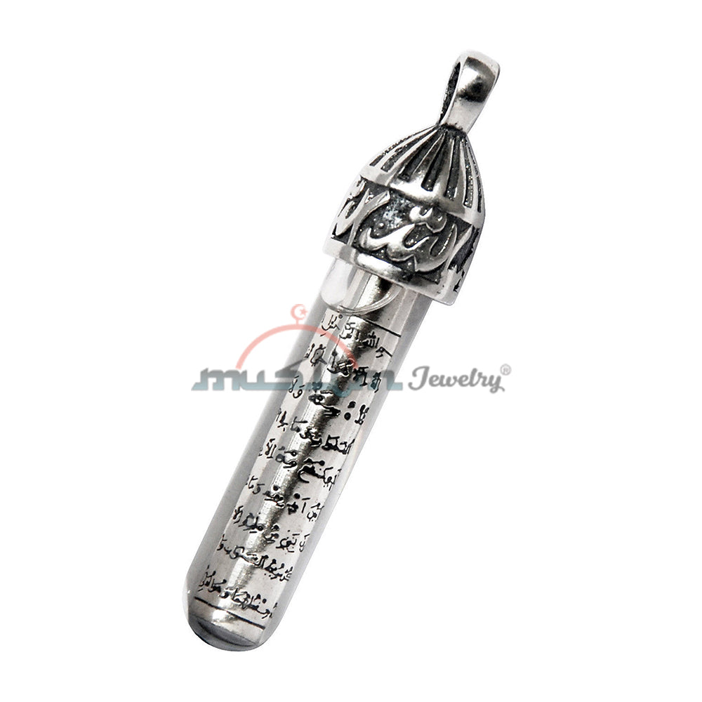 Sterling Silver Islamic Pendant Glass Tube Allah Top Zamzam Water Ayatul-Kursi