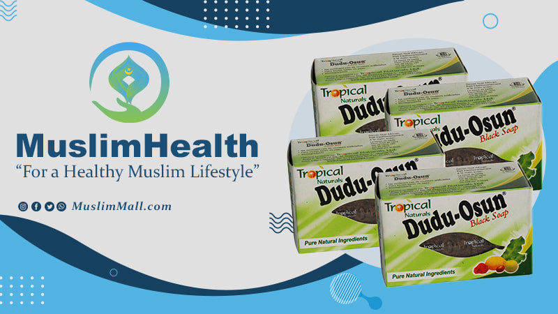MuslimHealth.com promotional banner featuring Tropical Naturals Dudu-Osun black soap, promoting a healthy Muslim lifestyle.