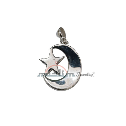 Medium-Size Sterling Silver Islamic Symbol Crescent Moon & Star Pendant 1.5×1-inch