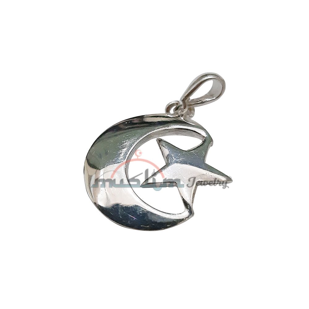 Medium-Size Sterling Silver Islamic Symbol Crescent Moon & Star Pendant 1.5×1-inch