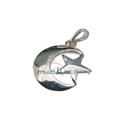 Medium-Size Sterling Silver Islamic Symbol Crescent Moon & Star Pendant 1.5×1-inch