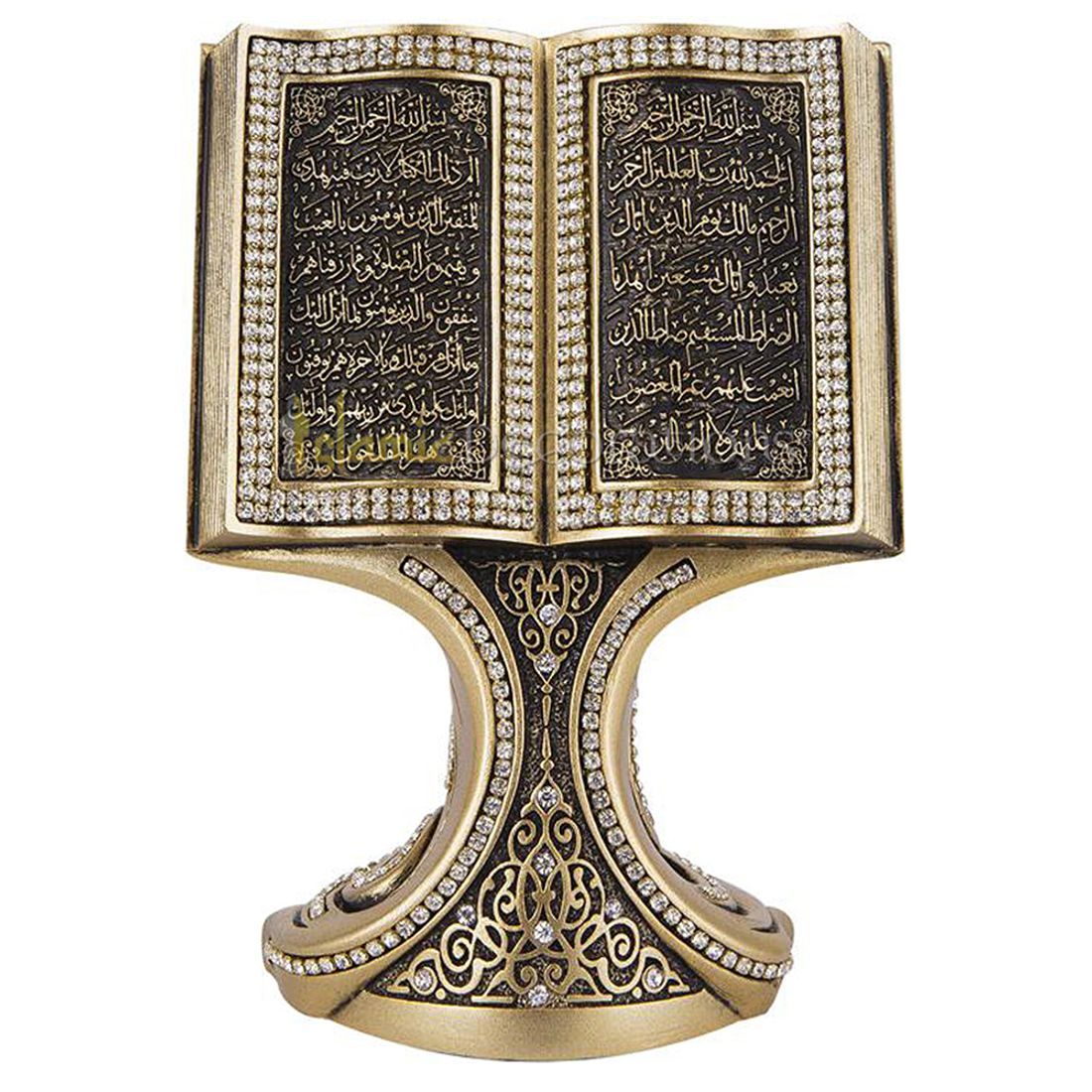 Buku Emas Quran Fatihah Baqarah Kristal Bening 6-1/4 dalam Ornamen Cetakan – Seni Kaligrafi Islam