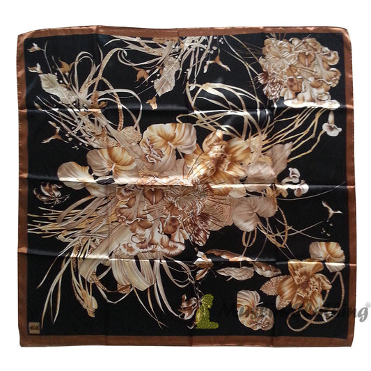 Black & Light Brown Border Flower Design Supersatin Scarf Hijab Shawl Islamic Headwear