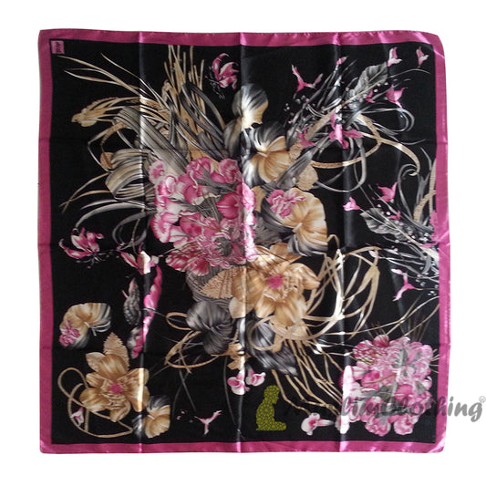 Black & Pink Border Flower Design Supersatin Scarf Hijab Shawl Islamic Headwear