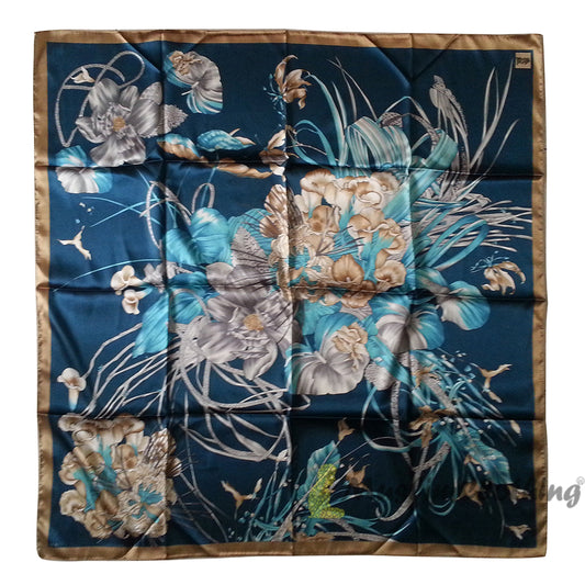 Cobalt Blue & Light Brown Border Flower Design Supersatin Scarf Hijab Shawl Islamic Headwear