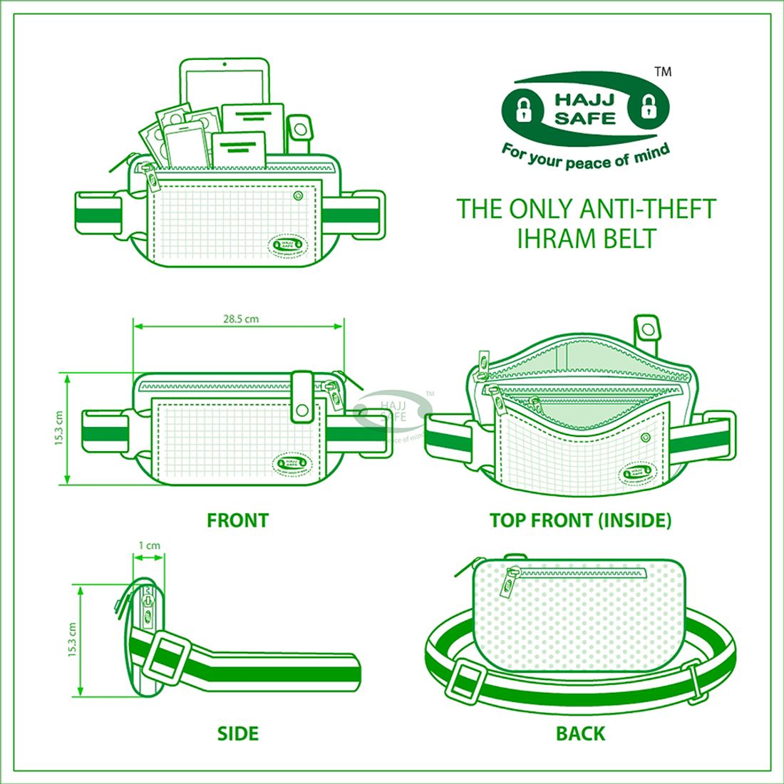 Hajj & Umrah Anti-Theft Reinforced IHRAM Belt Waist Pouch Security Safety Travel Accessory 5.7×11-inch