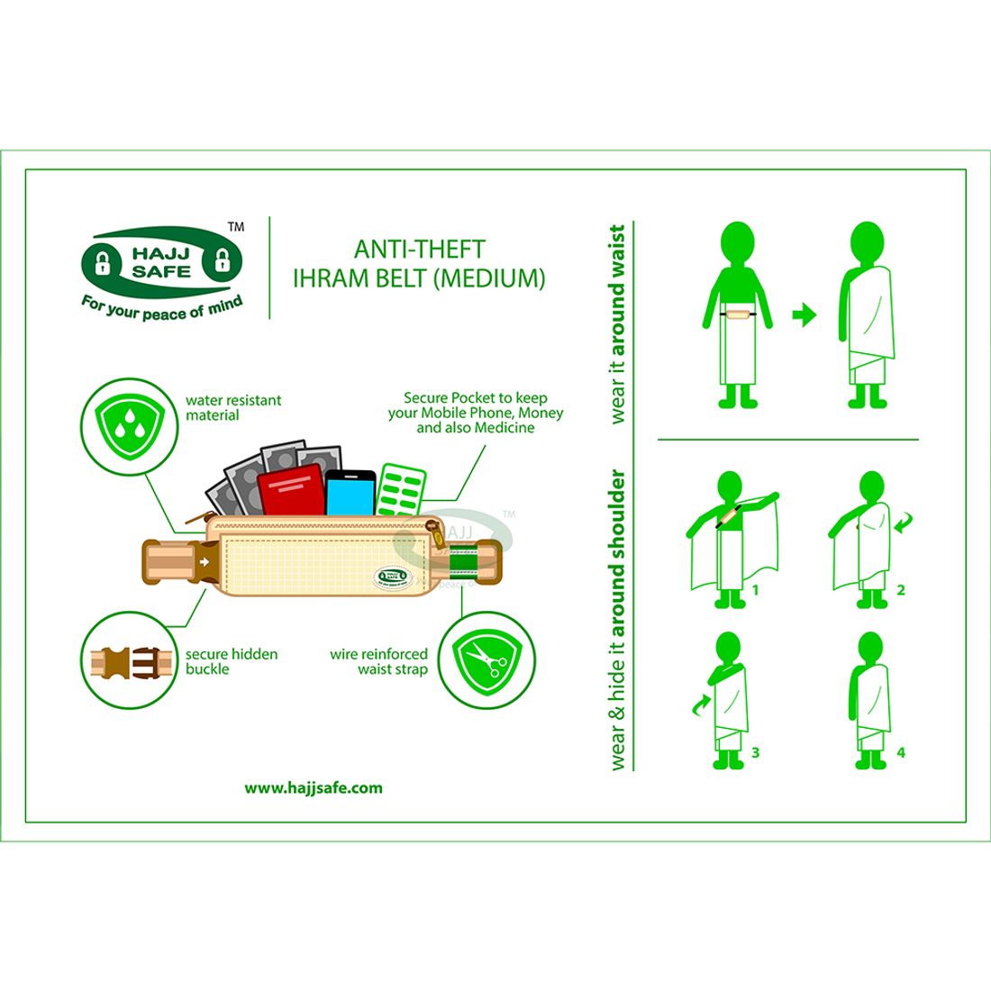 Hajj & Umrah Anti-Theft Reinforced IHRAM Belt Waist Pouch Security Safety Travel Accessory 3.1×11-inch