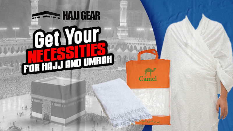 Hajj and Umrah necessities banner featuring a white cotton Ihram set, folded towel, and orange travel bag against a backdrop of the Kaaba in Mecca.