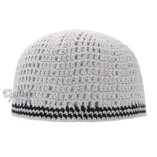 Extra Light Gray with Black Line Open-Weave Design Cotton Skull Cap Kufi