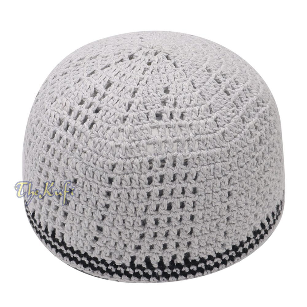 Extra Light Gray with Black Line Open-Weave Design Cotton Skull Cap Kufi