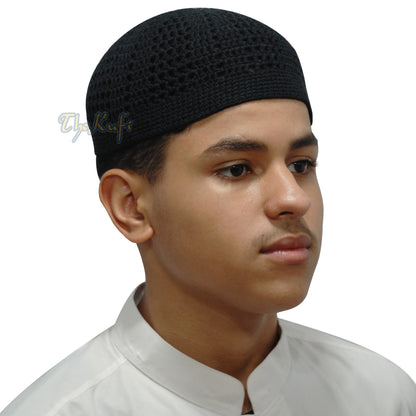 Black Kufi Tight & Loose Weave Design Crochet Knit Cap