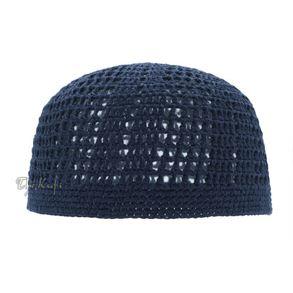 Skull Cap Kufi Cotton Dark Blue Open-Weave Design Crochet Knit Head Cover