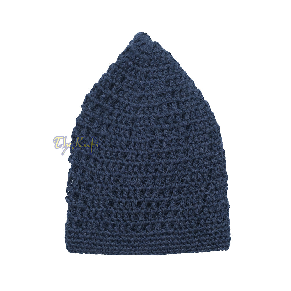 Skull Cap Kufi Cotton Dark Blue Open-weave Design Crochet Knit Head Cover