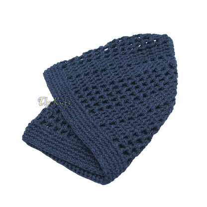 Skull Cap Kufi Cotton Dark Blue Open-Weave Design Crochet Knit Head Cover