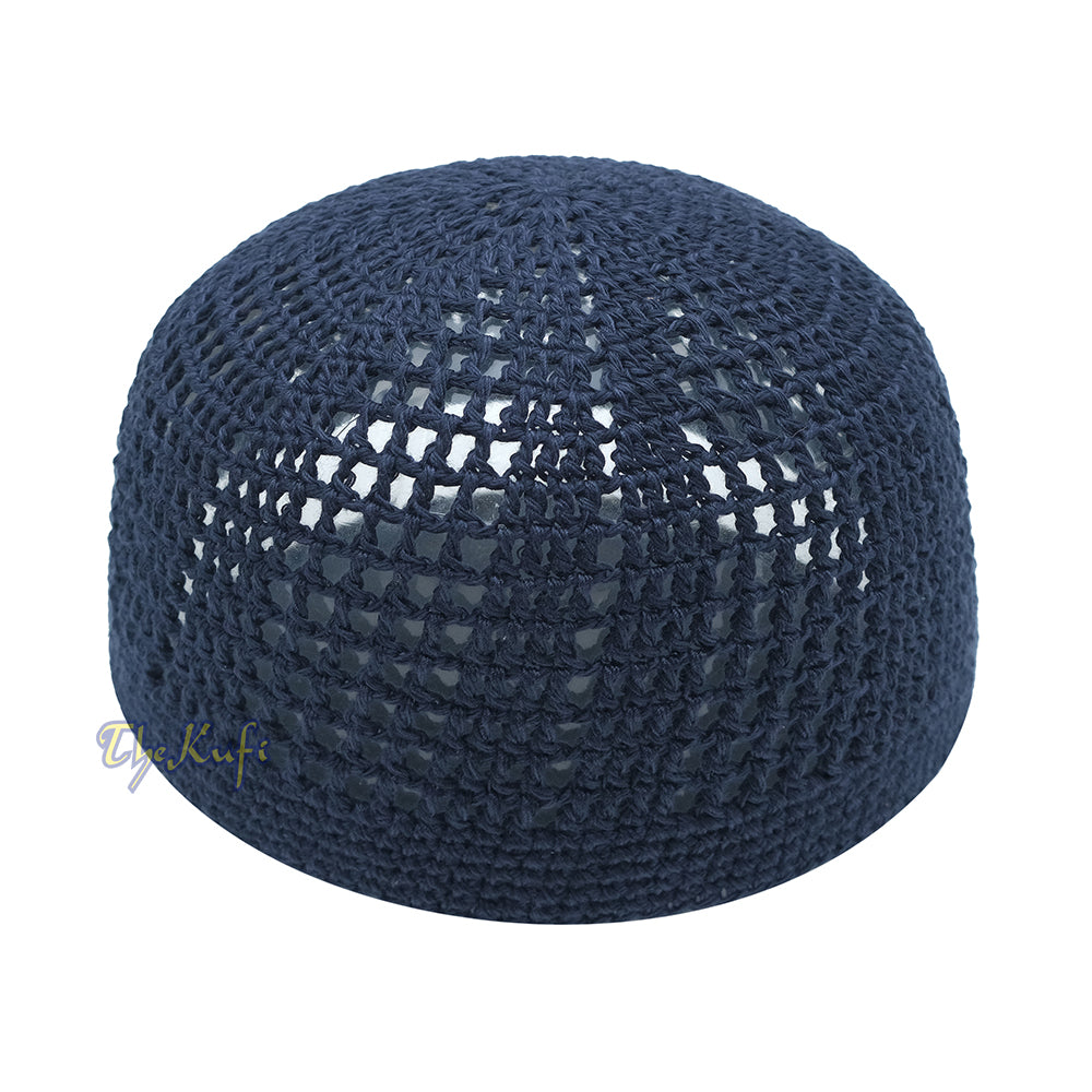 Skull Cap Kufi Cotton Dark Blue Open-weave Design Crochet Knit Head Cover