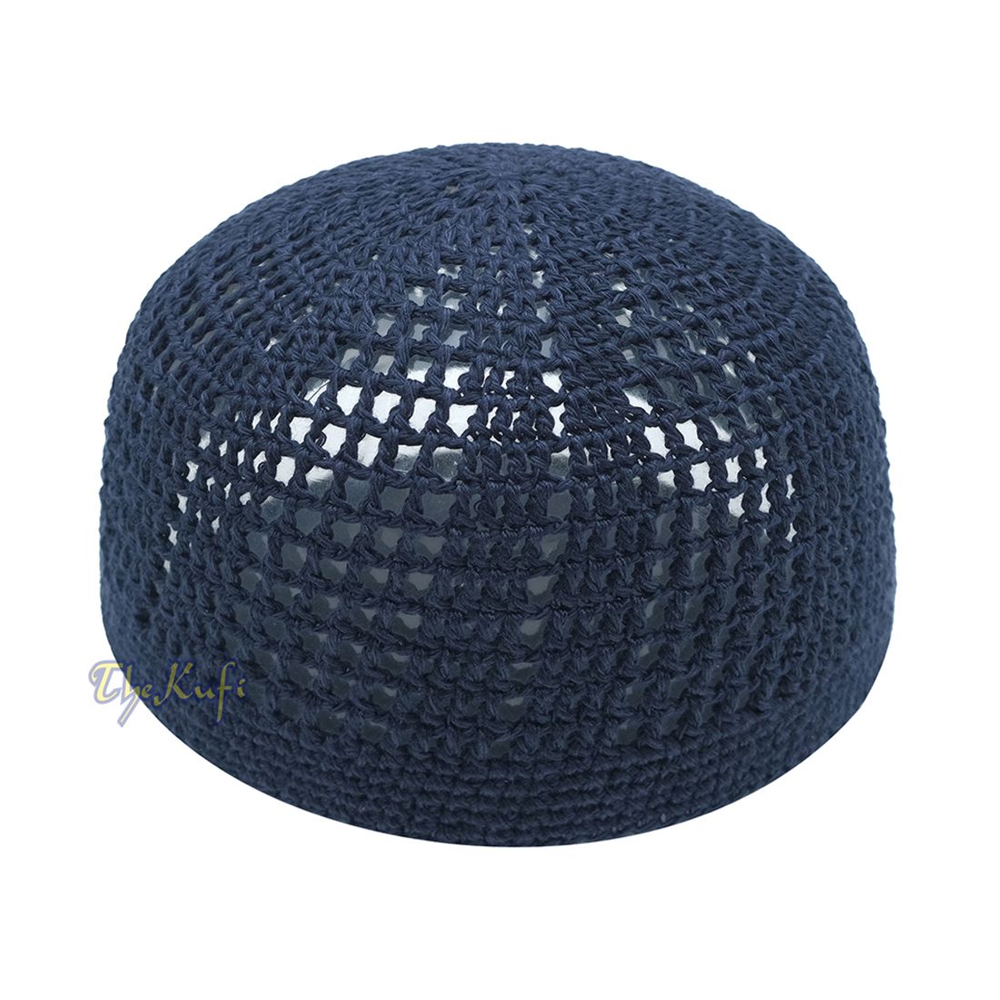 Skull Cap Kufi Cotton Dark Blue Open-weave Design Crochet Knit Head Cover