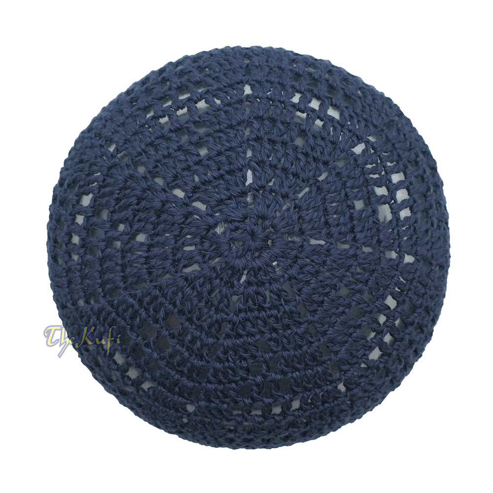 Skull Cap Kufi Cotton Dark Blue Open-weave Design Crochet Knit Head Cover