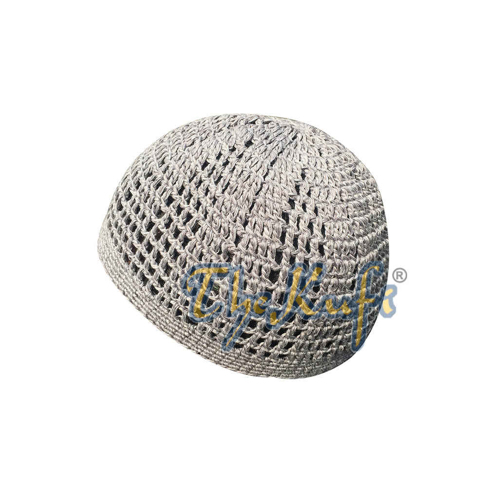 Skull Cap Kufi Cotton Gray Tight & Loose Weave Design Crochet Knit Head Cover