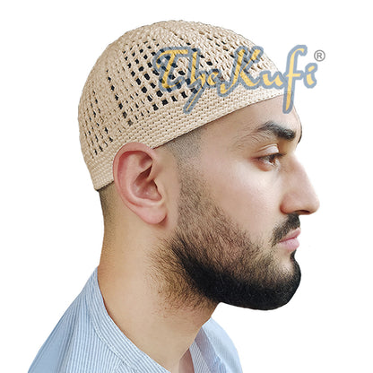 Skull Cap Kufi Cotton Light Brown Tight & Loose Weave Design Crochet Knit Head Cover