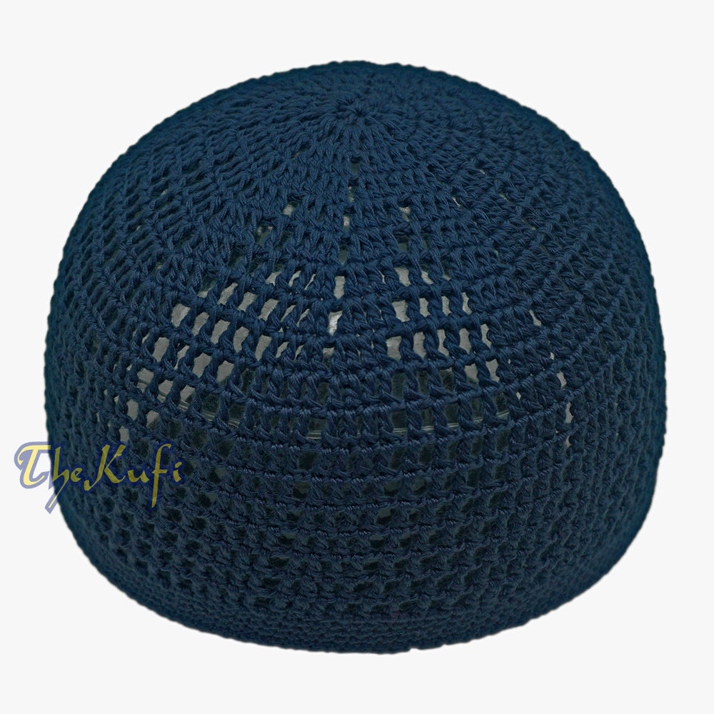 Dark Navy Blue Cotton Open-Weave Design Crochet Knit Head Cover Kufi Skull Cap