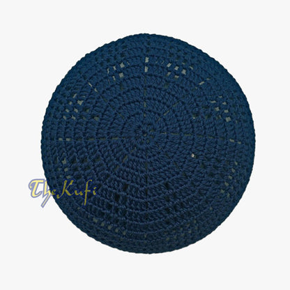 Dark Navy Blue Cotton Open-Weave Design Crochet Knit Head Cover Kufi Skull Cap