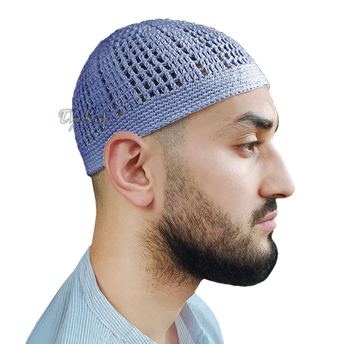 Cotton Pigeon Blue Tight & Loose Weave Design Crochet Knit Head Cover Kufi