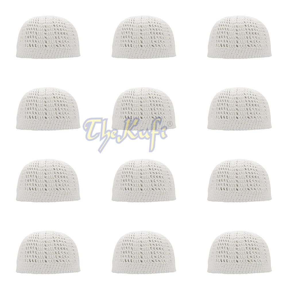 Lot Of 12 White Kufi Tight & Loose Weave Design Crochet Knit Cap