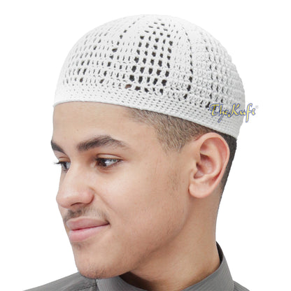 White Kufi Tight & Loose Weave Design Crochet Knit Cap