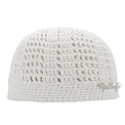 White Kufi Tight & Loose Weave Design Crochet Knit Cap