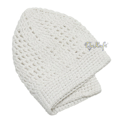 White Kufi Tight & Loose Weave Design Crochet Knit Cap