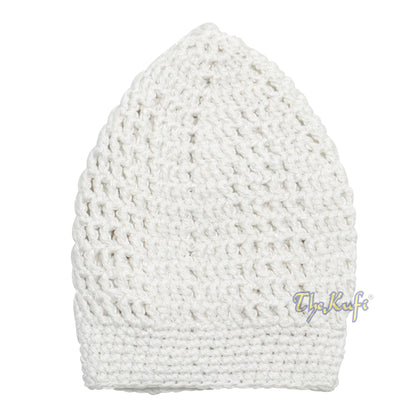 White Kufi Tight & Loose Weave Design Crochet Knit Cap