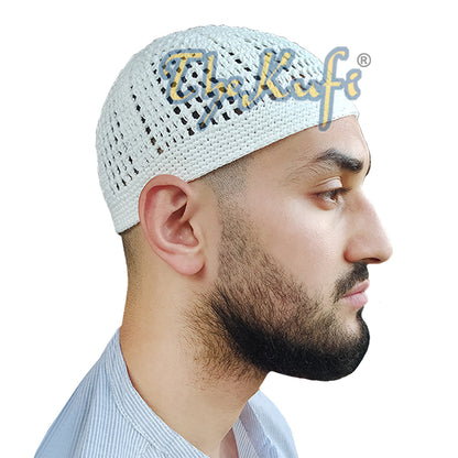 White Kufi Tight & Loose Weave Design Crochet Knit Cap