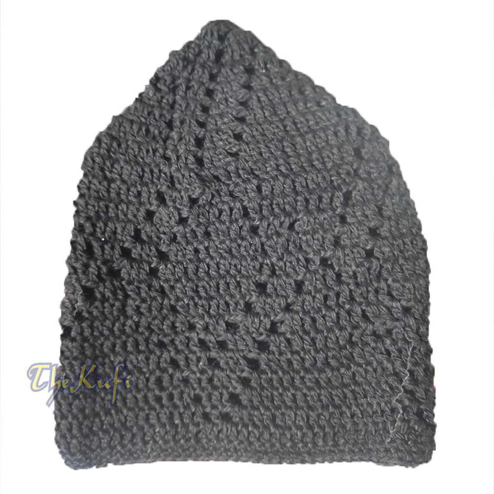 Black Hand-Crochet Sanaa Open Weave Double Diamond Design Kufi Cap