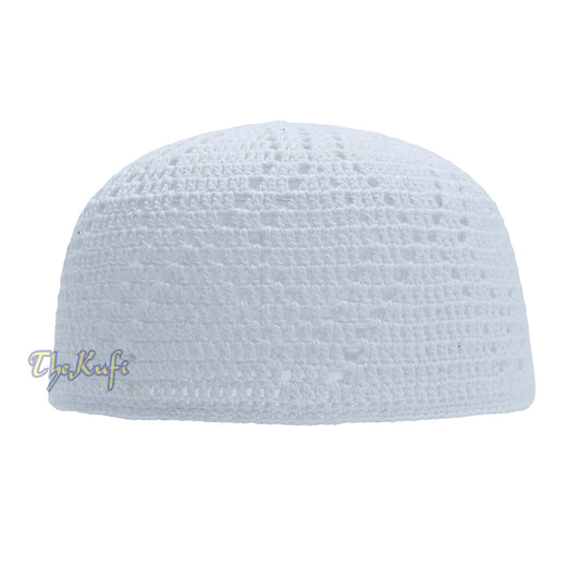 White Hand-Crochet Sanaa Open Weave Double Diamond Design Kufi Cap