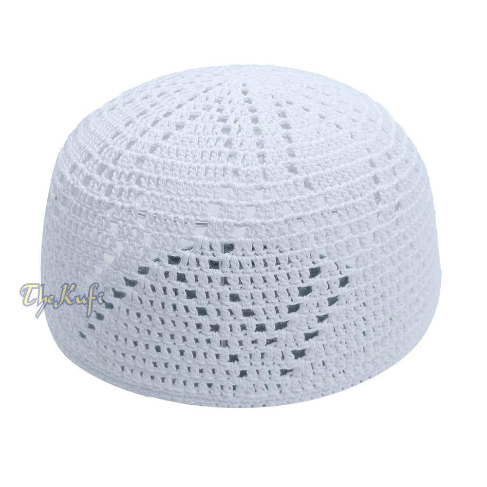 White Hand-Crochet Sanaa Open Weave Double Diamond Design Kufi Cap