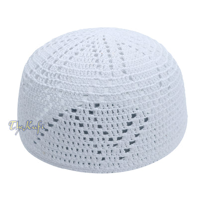 Topi Kufi Desain Berlian Ganda Tenun Terbuka Sanaa Rajutan Tangan Putih